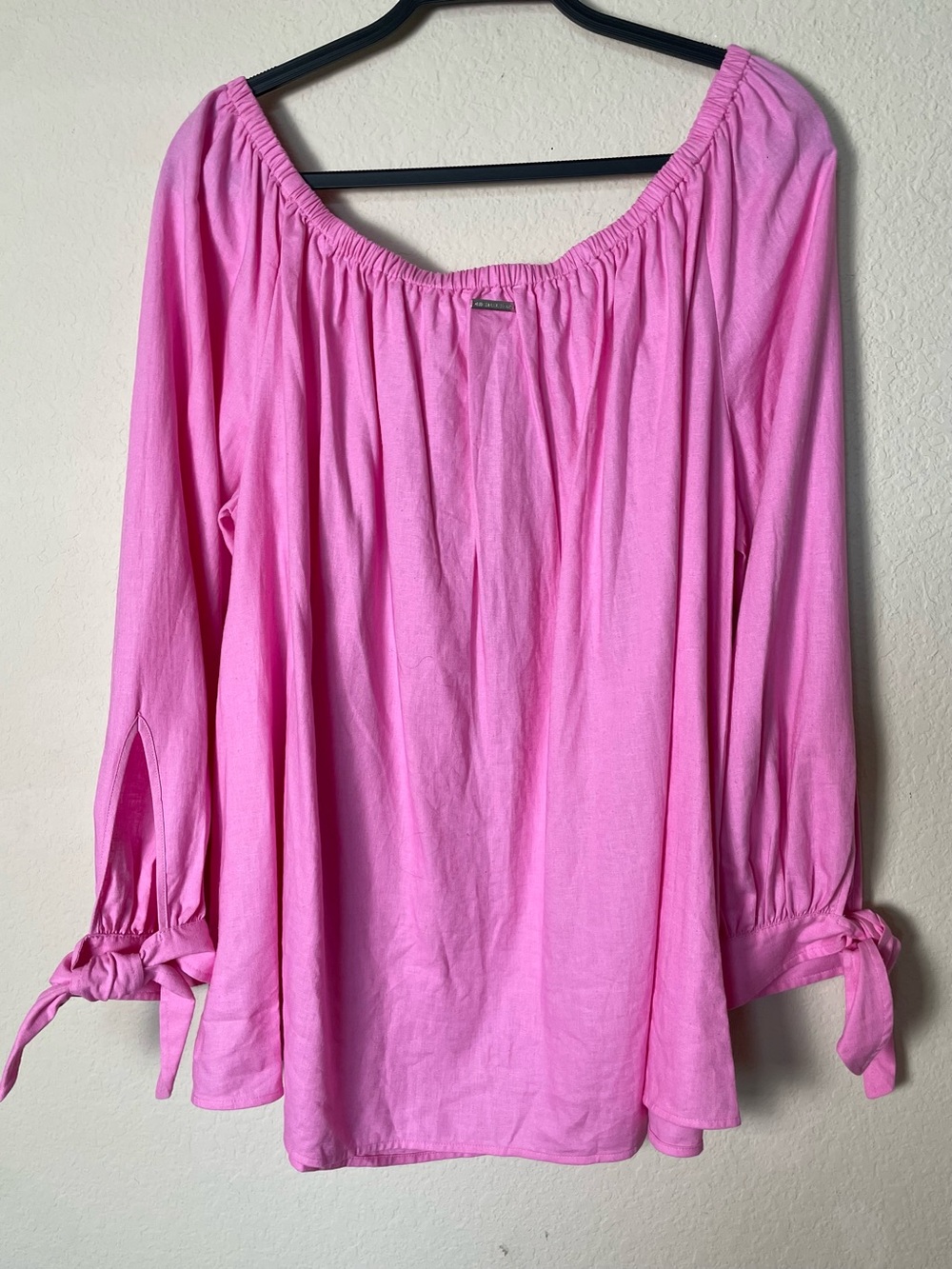 NWT Michael Kors Pink Off-Shoulder Linen Blend Blouse | Tie Sleeves - Picture 2 of 13